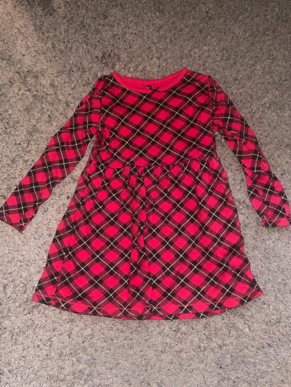 Girls Red Plaid Long-Sleeve Gathered Waist Dress